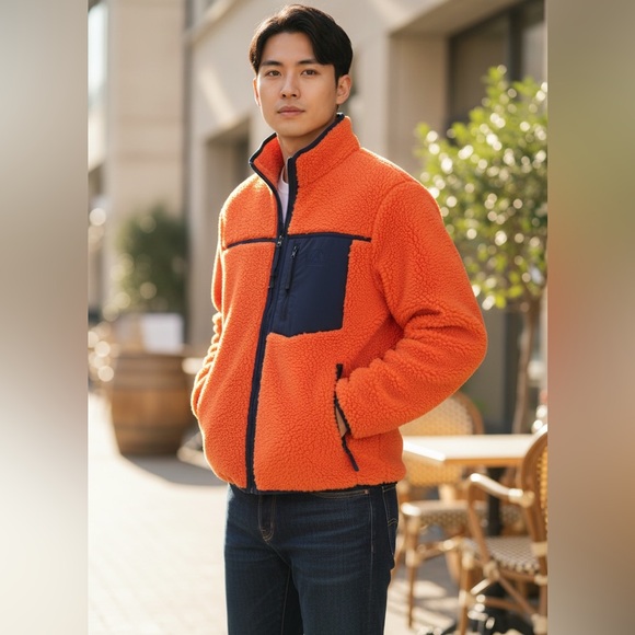 NWT AMBUSH logo-print fleece Sherpa jacket in Orange & Navy Size S - Picture 2 of 16